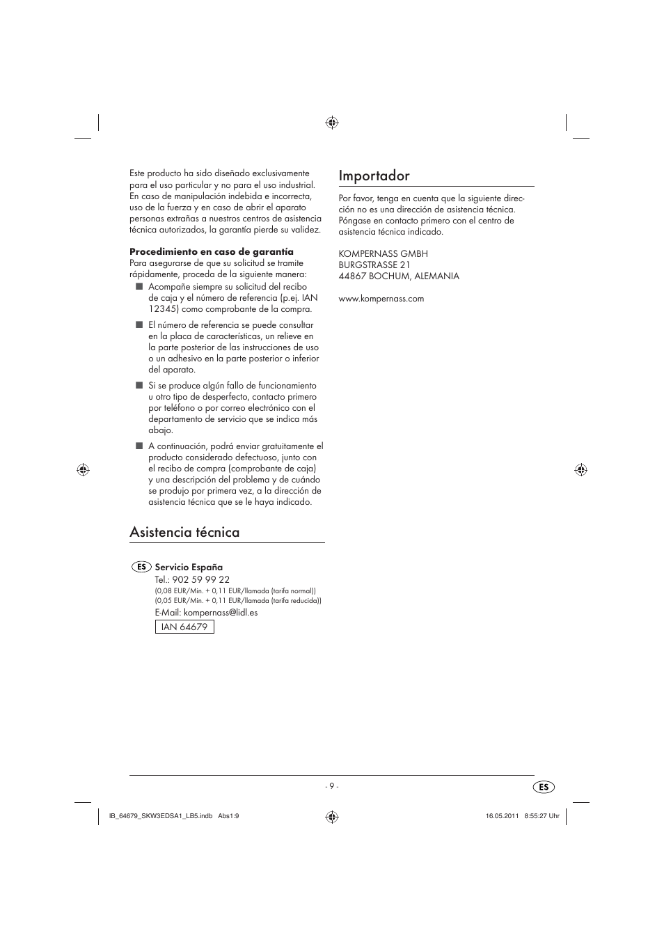 Asistencia técnica, Importador | Silvercrest SKW 3 EDS A1 User Manual | Page 11 / 42