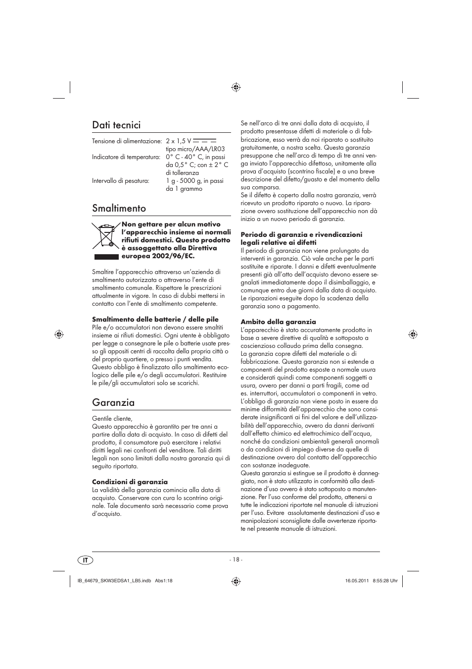 Dati tecnici, Smaltimento, Garanzia | Silvercrest SKW 3 EDS A1 User Manual | Page 20 / 42