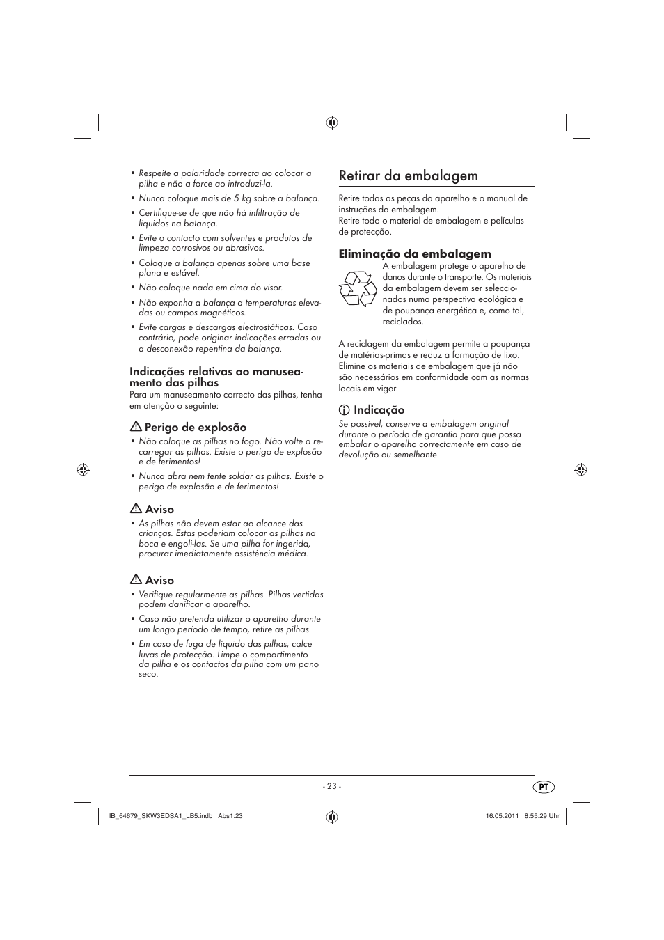 Retirar da embalagem, Indicações relativas ao manusea- mento das pilhas, Perigo de explosão | Aviso, Eliminação da embalagem, Indicação | Silvercrest SKW 3 EDS A1 User Manual | Page 25 / 42