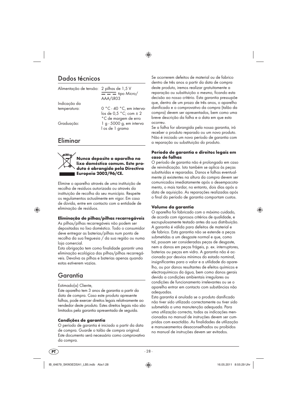 Dados técnicos, Eliminar, Garantia | Silvercrest SKW 3 EDS A1 User Manual | Page 30 / 42