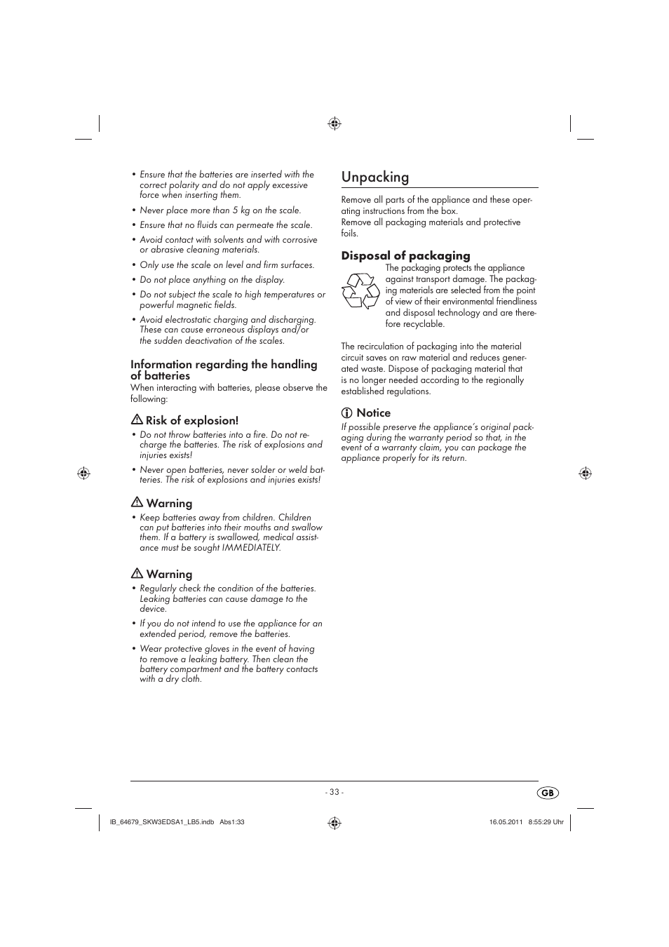 Unpacking, Information regarding the handling of batteries, Risk of explosion | Warning, Disposal of packaging, Notice | Silvercrest SKW 3 EDS A1 User Manual | Page 35 / 42