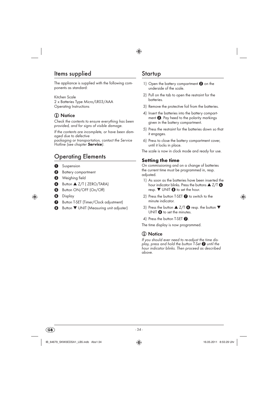 Items supplied, Operating elements, Startup | Notice, Setting the time | Silvercrest SKW 3 EDS A1 User Manual | Page 36 / 42