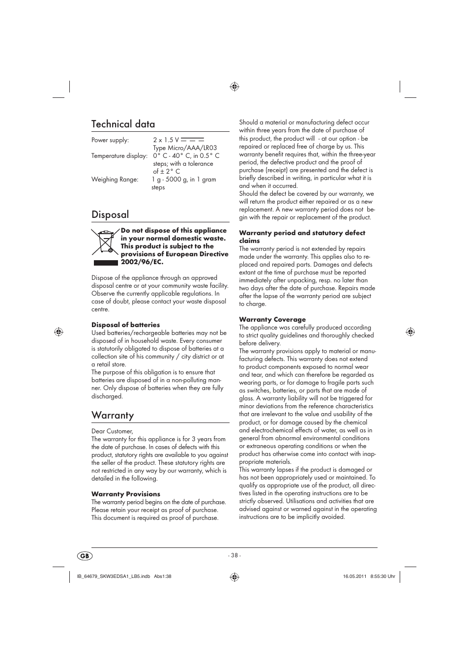 Technical data, Disposal, Warranty | Silvercrest SKW 3 EDS A1 User Manual | Page 40 / 42