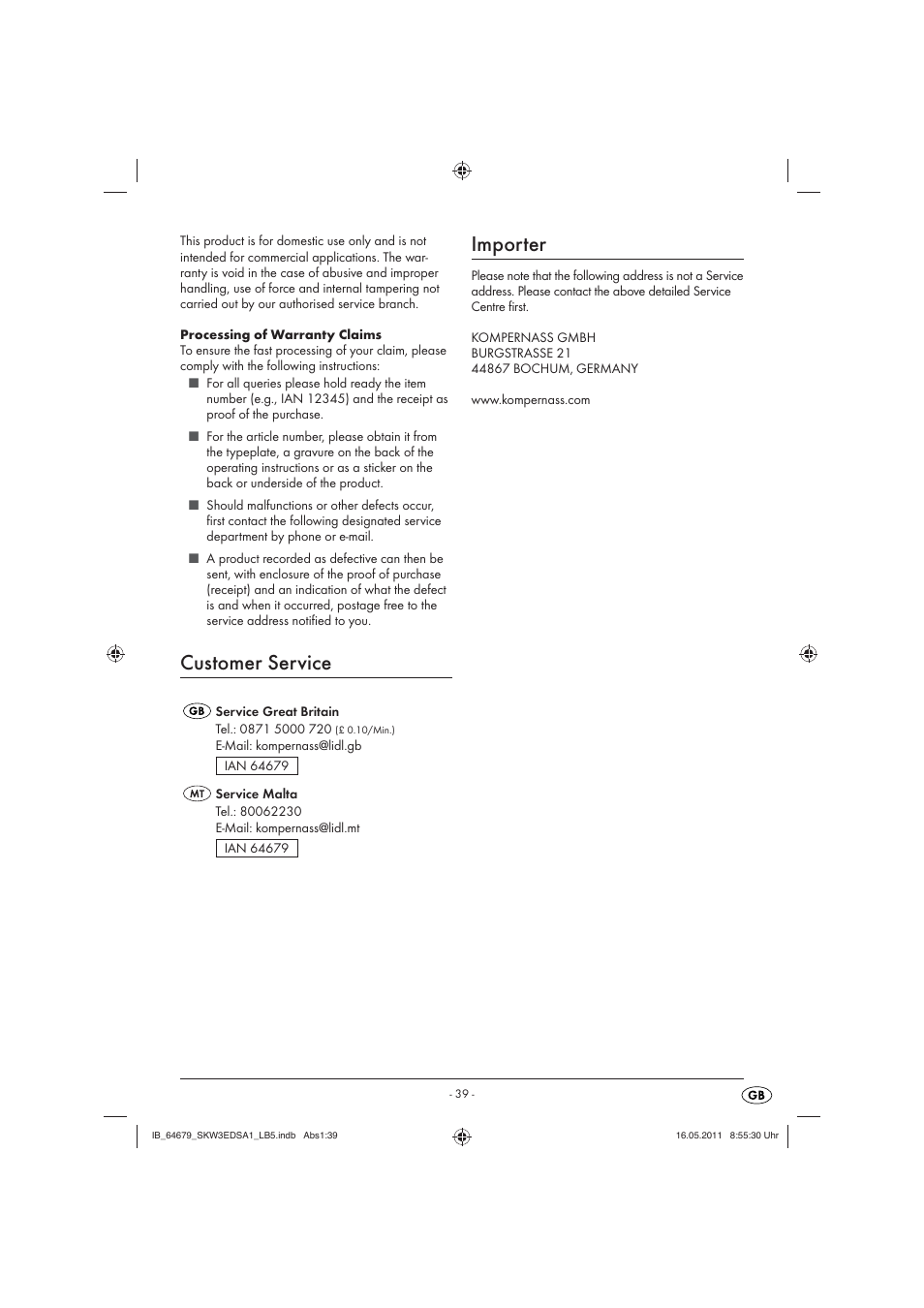 Customer service, Importer | Silvercrest SKW 3 EDS A1 User Manual | Page 41 / 42