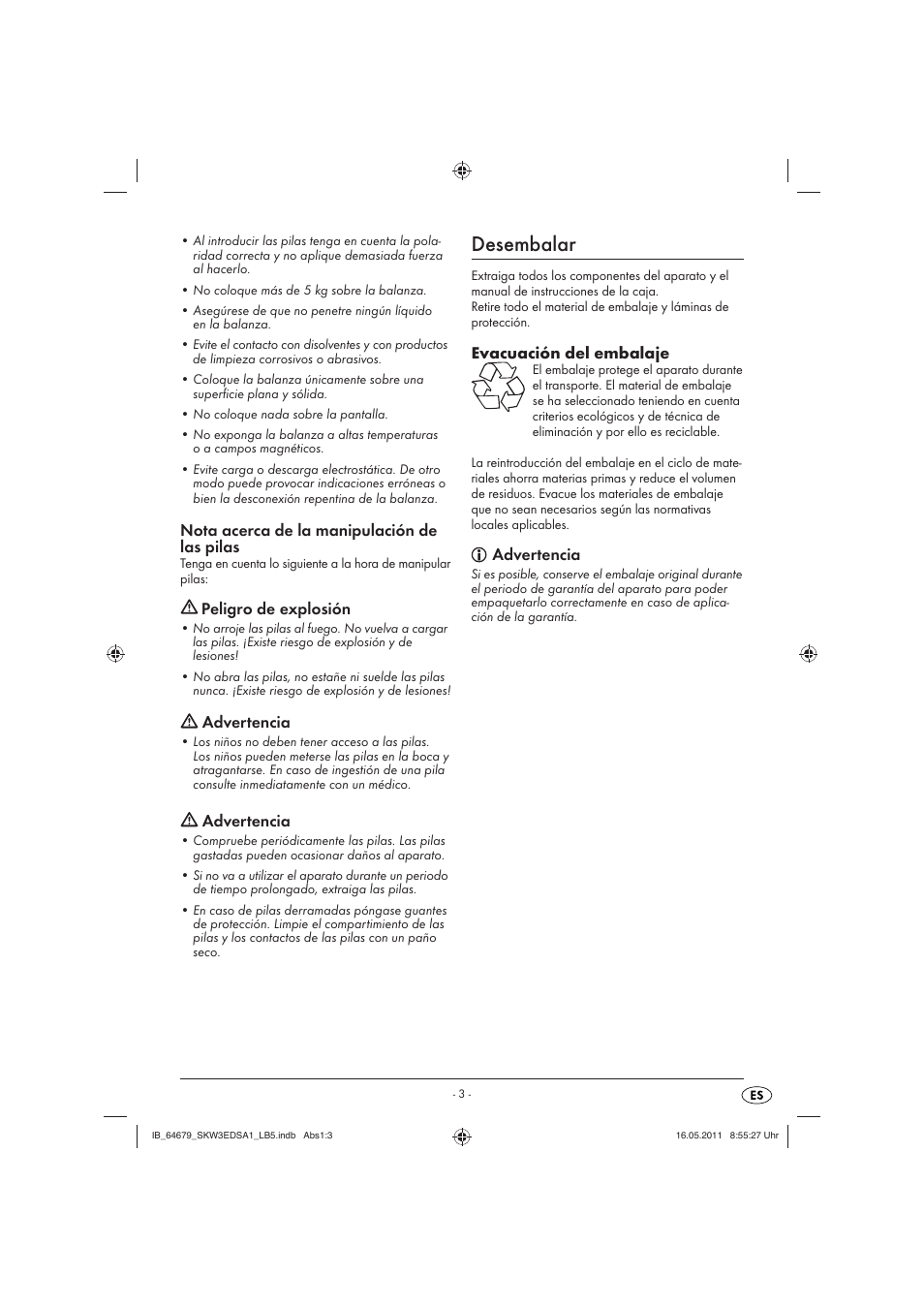 Desembalar, Nota acerca de la manipulación de las pilas, Peligro de explosión | Advertencia, Evacuación del embalaje | Silvercrest SKW 3 EDS A1 User Manual | Page 5 / 42