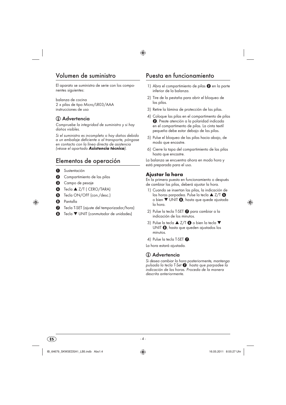 Volumen de suministro, Elementos de operación, Puesta en funcionamiento | Advertencia, Ajustar la hora | Silvercrest SKW 3 EDS A1 User Manual | Page 6 / 42