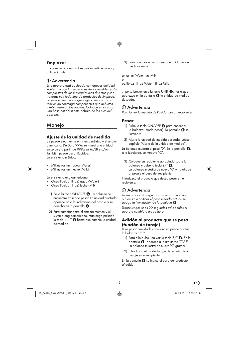 Manejo, Emplazar, Advertencia | Ajuste de la unidad de medida, Pesar | Silvercrest SKW 3 EDS A1 User Manual | Page 7 / 42