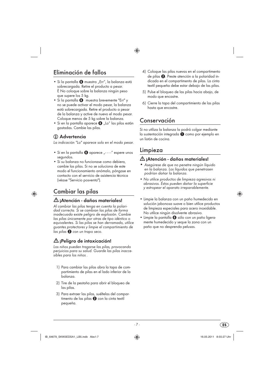 Eliminación de fallos, Cambiar las pilas, Conservación | Limpieza, Advertencia, Atención - daños materiales, Peligro de intoxicación | Silvercrest SKW 3 EDS A1 User Manual | Page 9 / 42