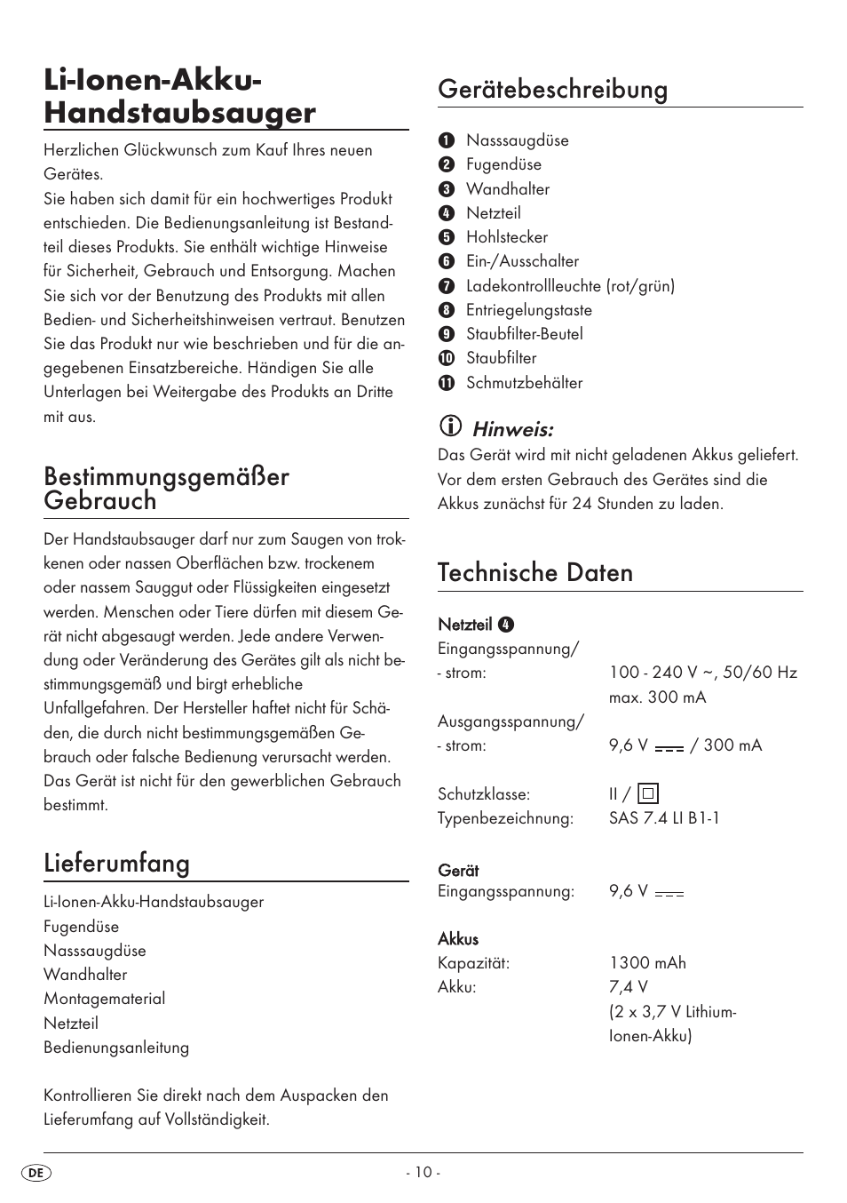 Li-ionen-akku- handstaubsauger, Bestimmungsgemäßer gebrauch, Lieferumfang | Gerätebeschreibung, Technische daten | Silvercrest SAS 7.4 LI B1 User Manual | Page 13 / 28