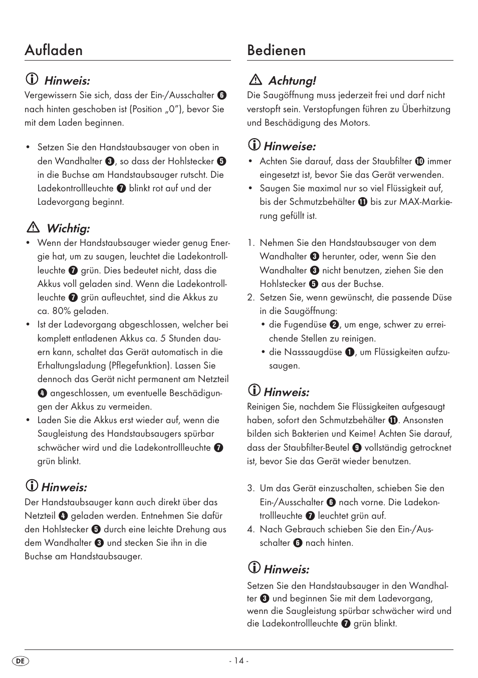 Aufladen, Bedienen, Hinweis | Wichtig, Achtung, Hinweise | Silvercrest SAS 7.4 LI B1 User Manual | Page 17 / 28