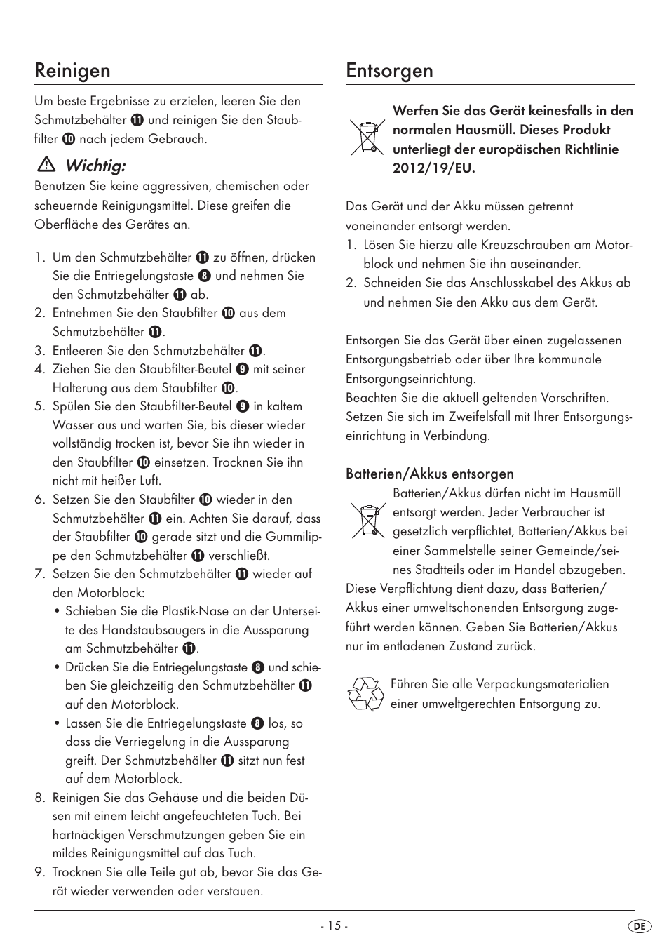 Reinigen, Entsorgen, Wichtig | Silvercrest SAS 7.4 LI B1 User Manual | Page 18 / 28