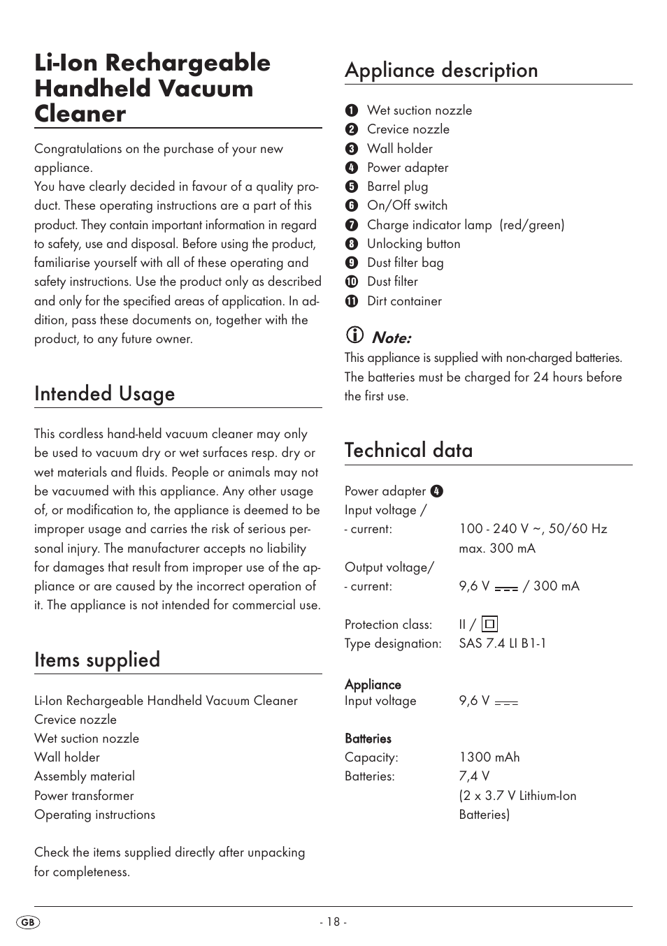 Li-ion rechargeable handheld vacuum cleaner, Intended usage, Items supplied | Appliance description, Technical data | Silvercrest SAS 7.4 LI B1 User Manual | Page 21 / 28