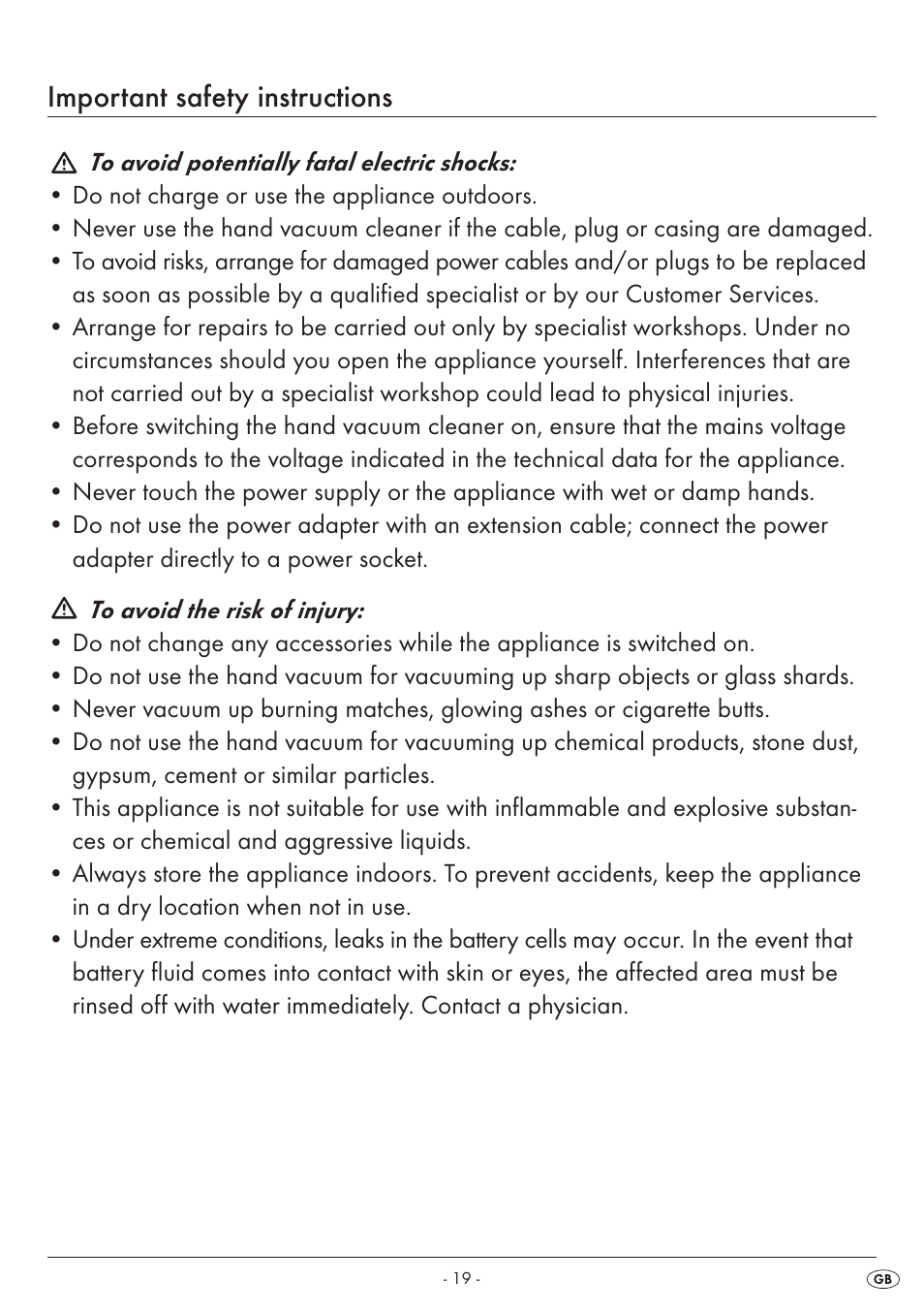 Important safety instructions | Silvercrest SAS 7.4 LI B1 User Manual | Page 22 / 28