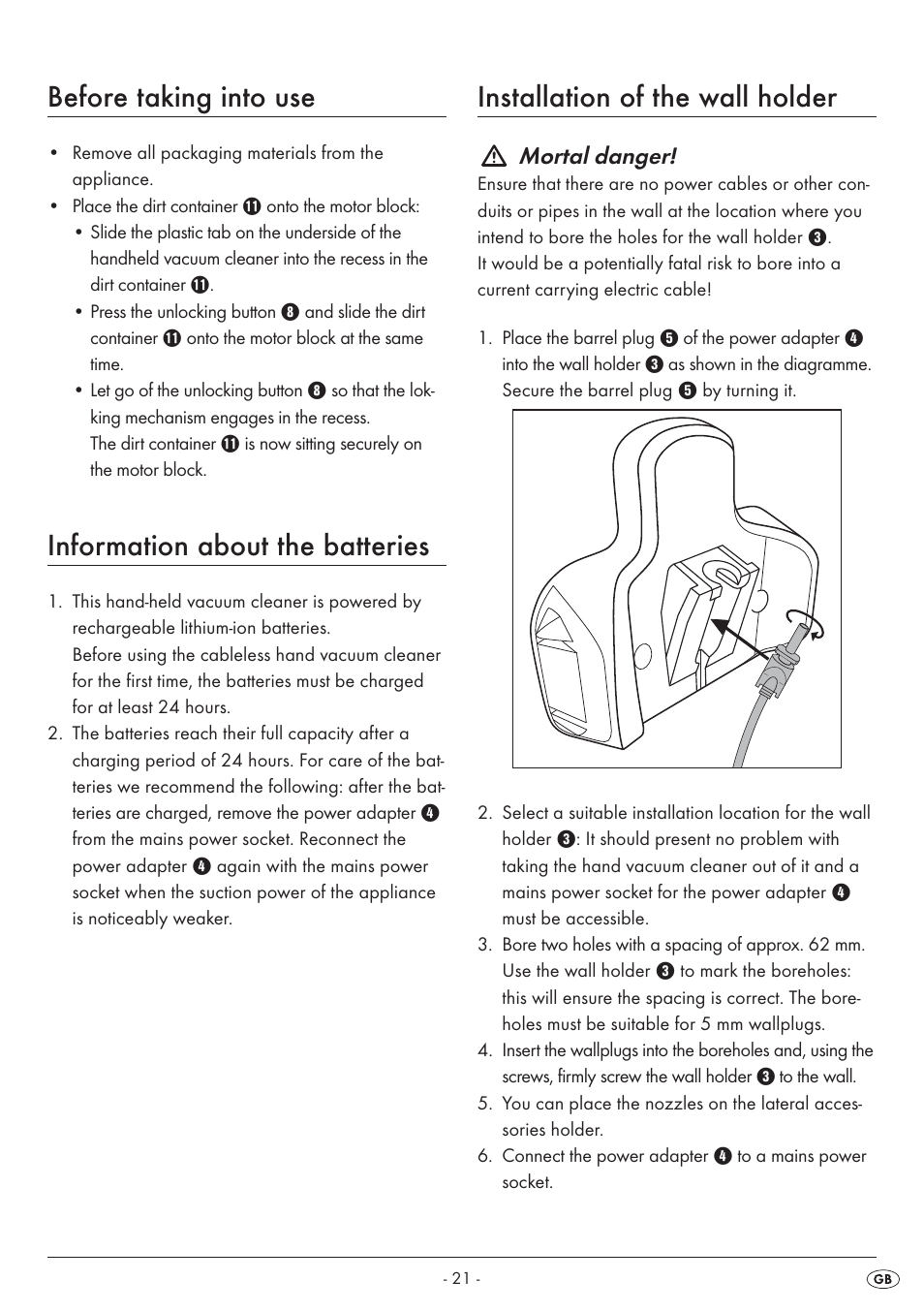 Before taking into use, Information about the batteries, Installation of the wall holder | Mortal danger | Silvercrest SAS 7.4 LI B1 User Manual | Page 24 / 28