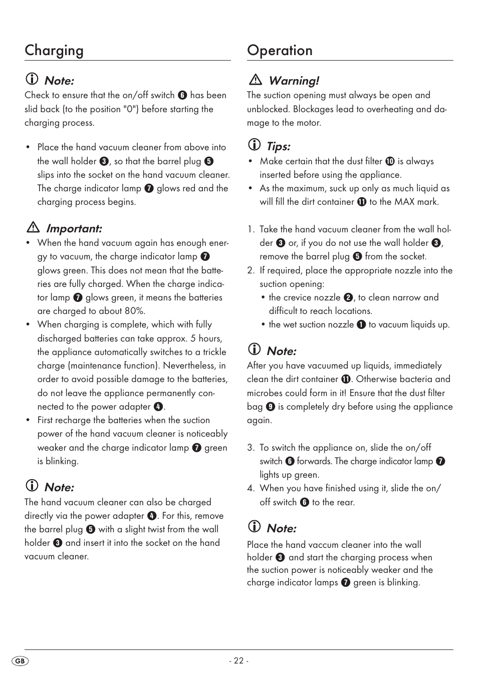 Charging, Operation, I mportant | Warning, Tips | Silvercrest SAS 7.4 LI B1 User Manual | Page 25 / 28