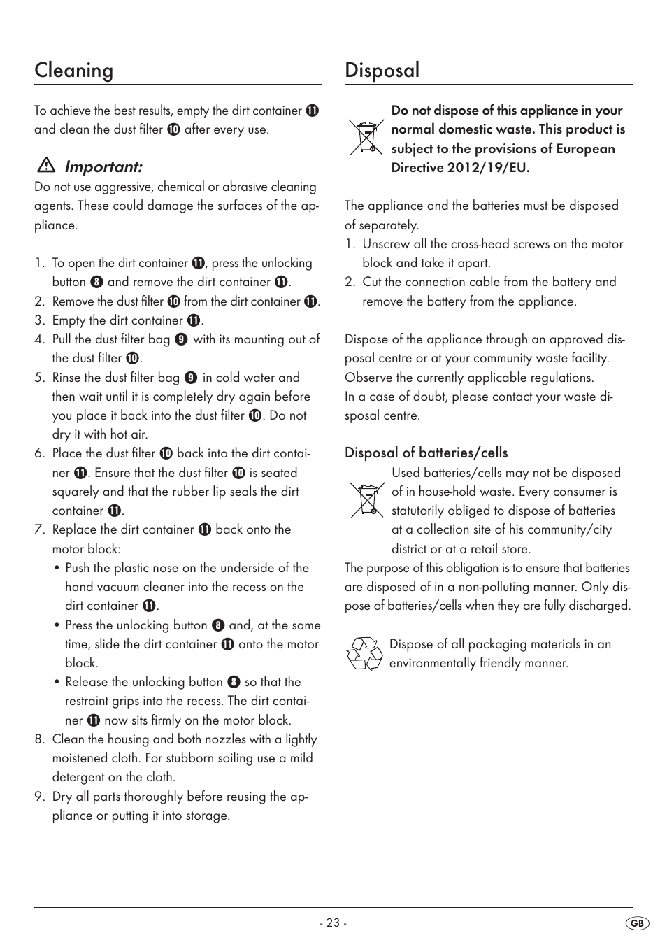 Cleaning, Disposal, Important | Silvercrest SAS 7.4 LI B1 User Manual | Page 26 / 28