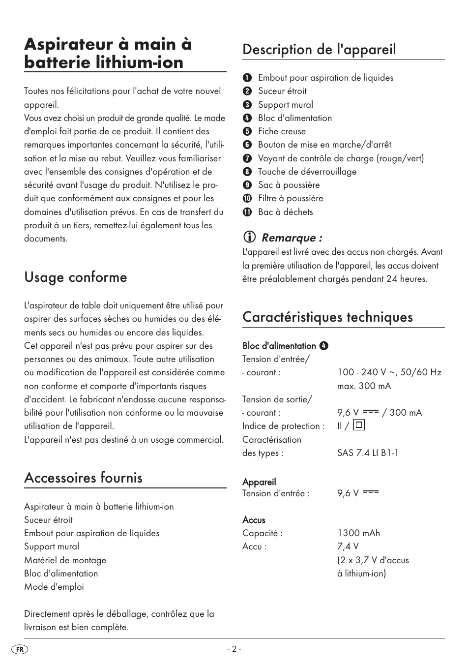 Aspirateur à main à batterie lithium-ion, Usage conforme, Accessoires fournis | Description de l'appareil, Caractéristiques techniques | Silvercrest SAS 7.4 LI B1 User Manual | Page 5 / 28