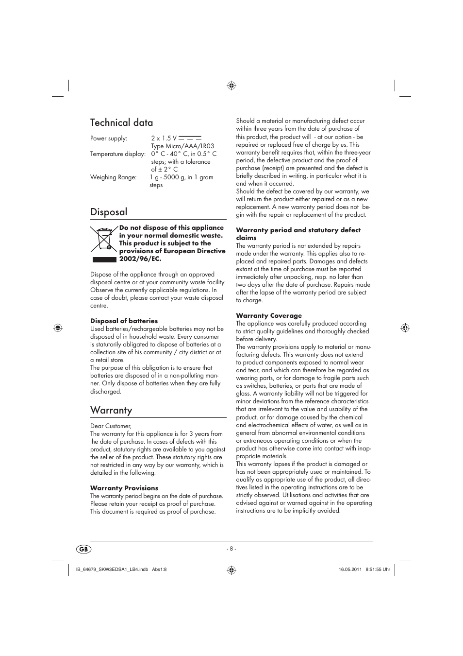 Technical data, Disposal, Warranty | Silvercrest SKW 3 EDS A1 User Manual | Page 10 / 61