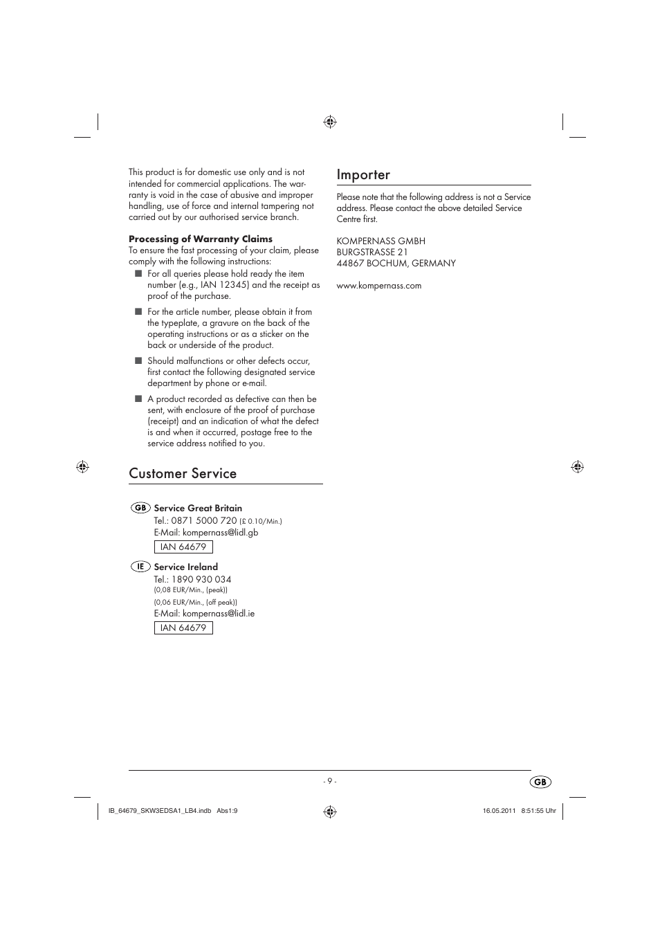 Customer service, Importer | Silvercrest SKW 3 EDS A1 User Manual | Page 11 / 61