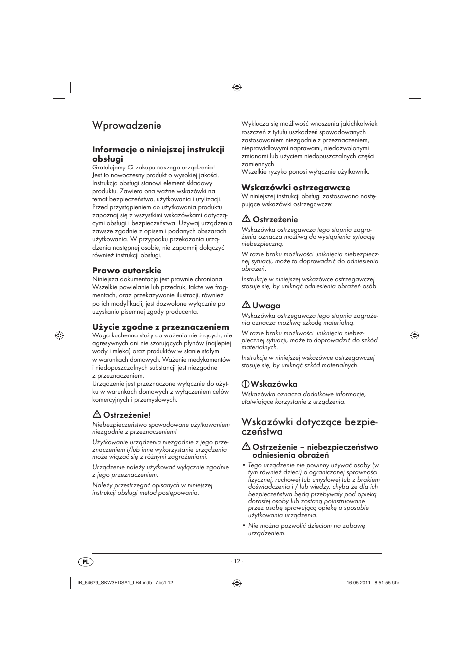 Wprowadzenie, Wskazówki dotyczące bezpie- czeństwa | Silvercrest SKW 3 EDS A1 User Manual | Page 14 / 61