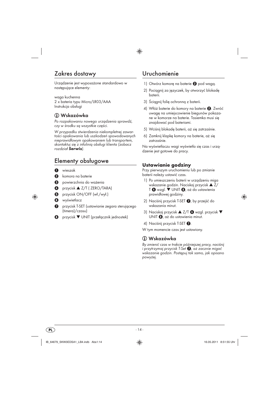 Zakres dostawy, Elementy obsługowe, Uruchomienie | Wskazówka, Ustawianie godziny | Silvercrest SKW 3 EDS A1 User Manual | Page 16 / 61