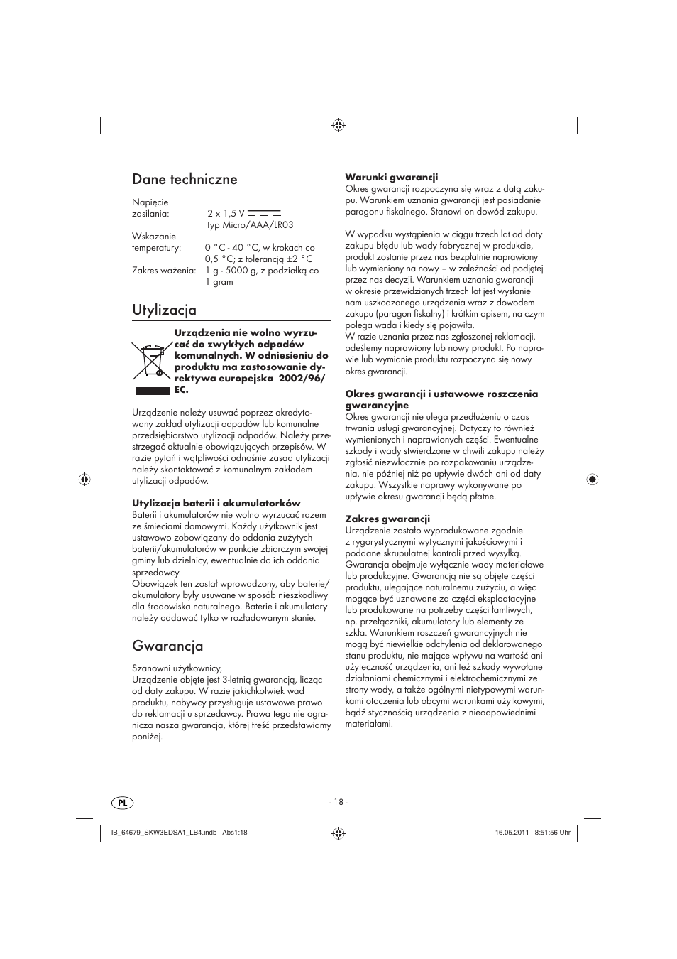 Dane techniczne, Utylizacja, Gwarancja | Silvercrest SKW 3 EDS A1 User Manual | Page 20 / 61