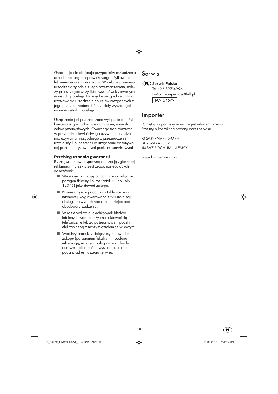 Serwis, Importer | Silvercrest SKW 3 EDS A1 User Manual | Page 21 / 61
