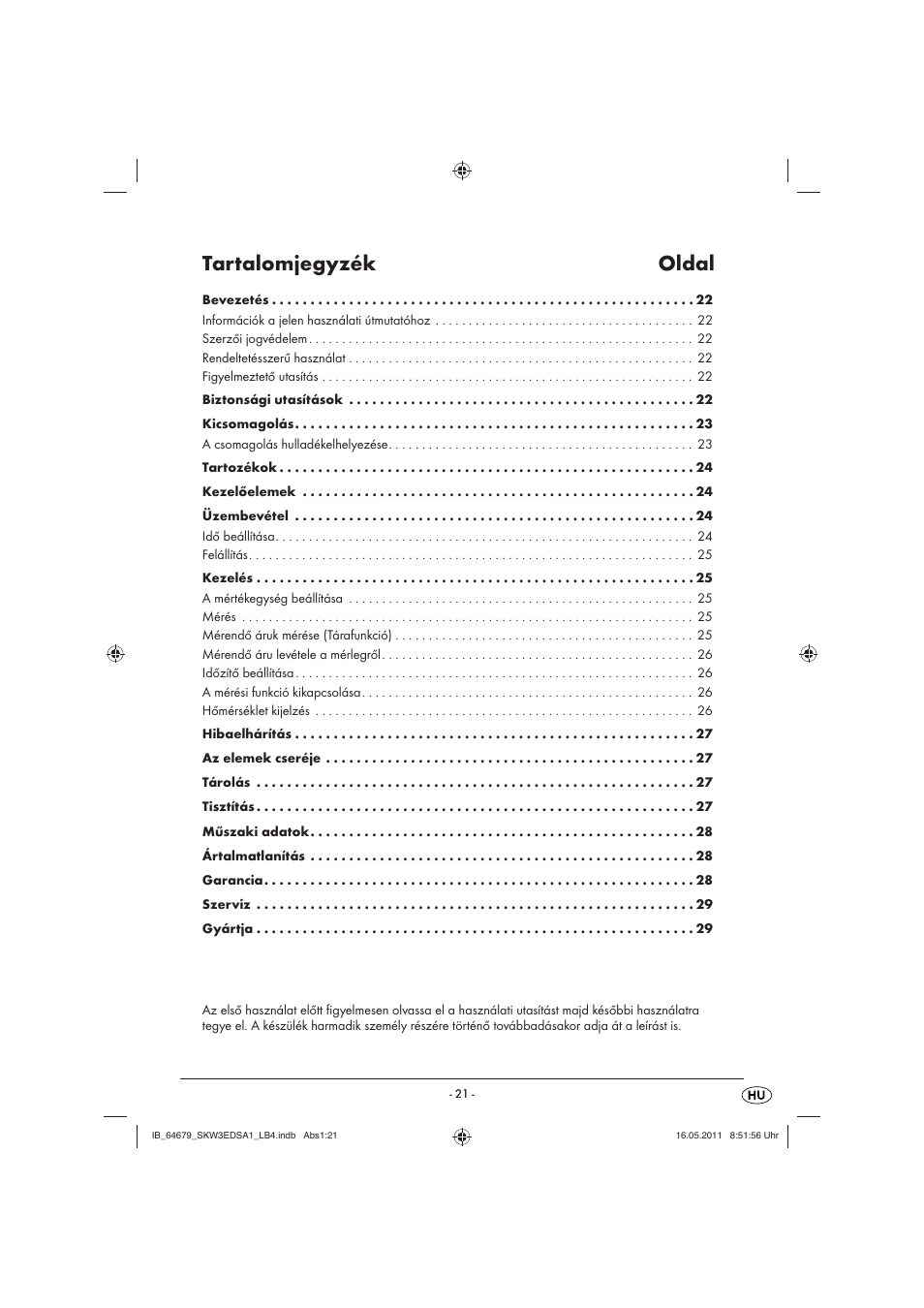 Tartalomjegyzék oldal | Silvercrest SKW 3 EDS A1 User Manual | Page 23 / 61