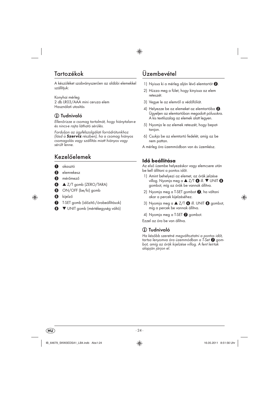 Tartozékok, Kezelőelemek, Üzembevétel | Tudnivaló, Idő beállítása | Silvercrest SKW 3 EDS A1 User Manual | Page 26 / 61