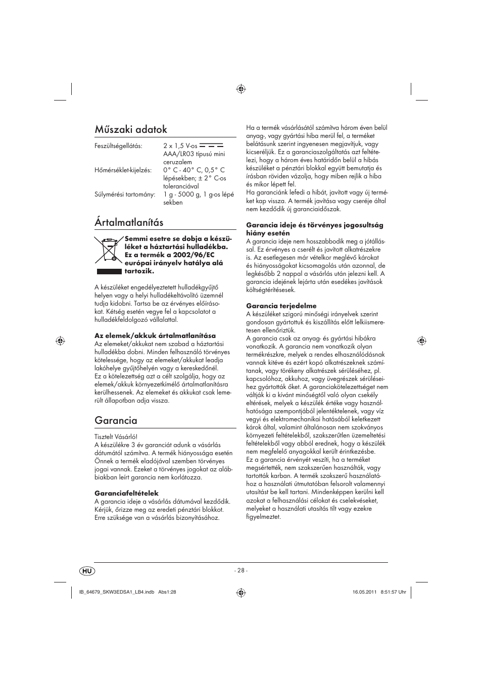 Műszaki adatok, Ártalmatlanítás, Garancia | Silvercrest SKW 3 EDS A1 User Manual | Page 30 / 61