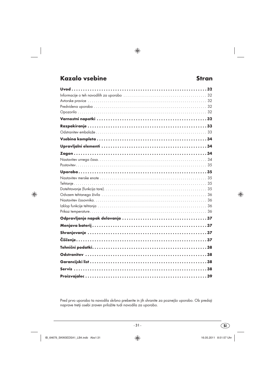 Kazalo vsebine stran | Silvercrest SKW 3 EDS A1 User Manual | Page 33 / 61