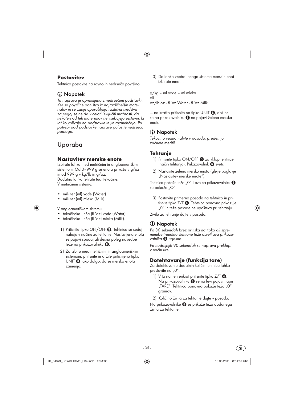 Uporaba, Postavitev, Napotek | Tehtanje, Dotehtavanje (funkcija tare) | Silvercrest SKW 3 EDS A1 User Manual | Page 37 / 61