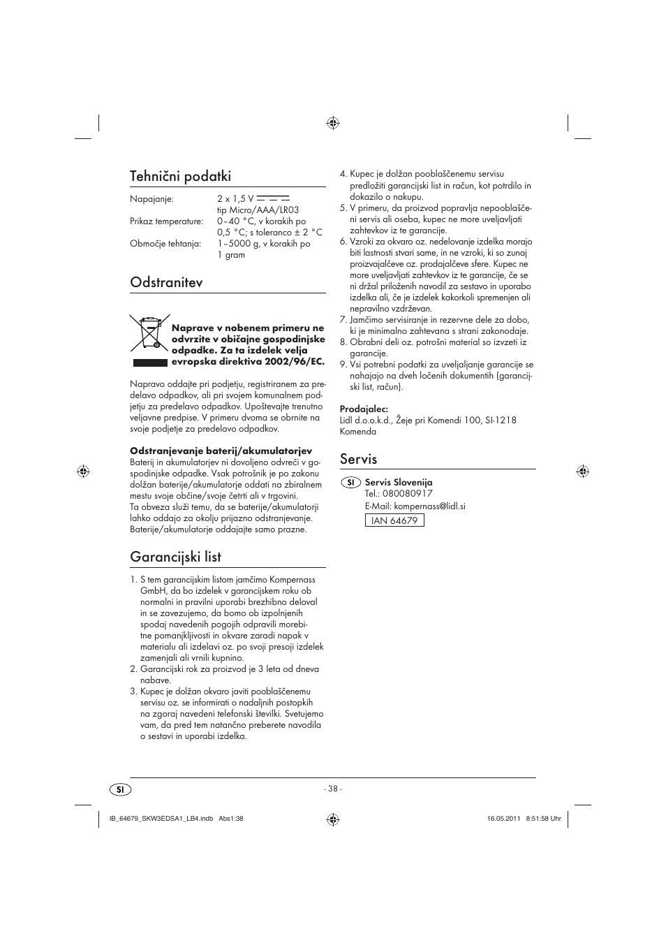 Tehnični podatki, Odstranitev, Garancijski list | Servis | Silvercrest SKW 3 EDS A1 User Manual | Page 40 / 61