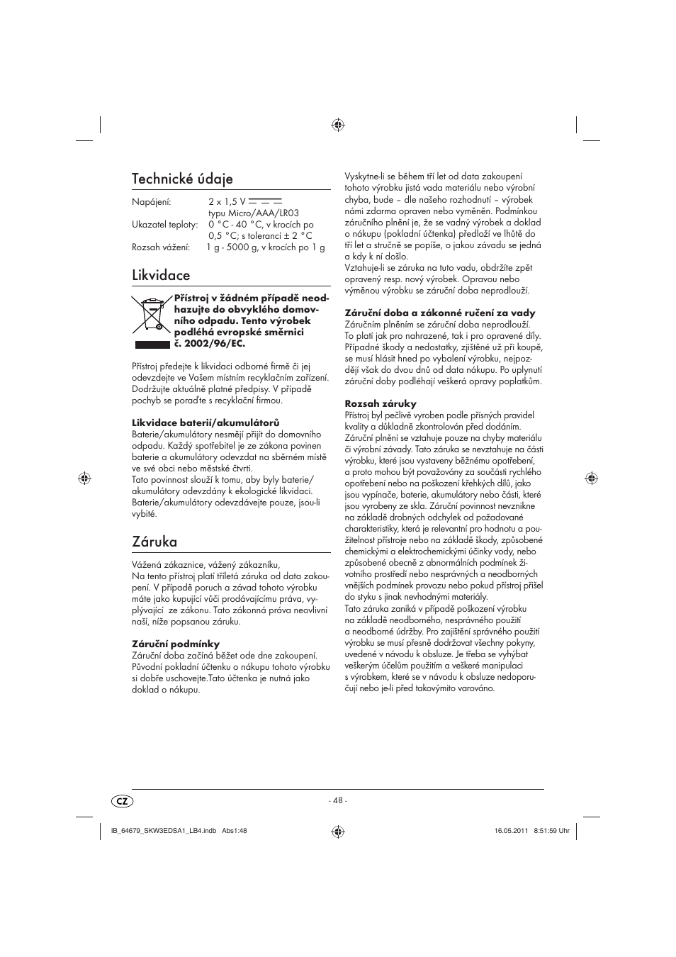 Technické údaje, Likvidace, Záruka | Silvercrest SKW 3 EDS A1 User Manual | Page 50 / 61