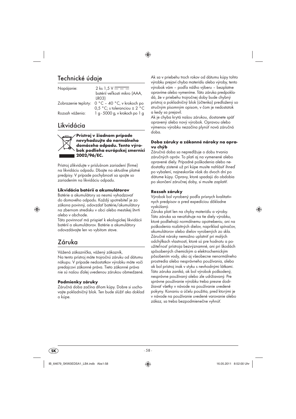 Technické údaje, Likvidácia, Záruka | Silvercrest SKW 3 EDS A1 User Manual | Page 60 / 61