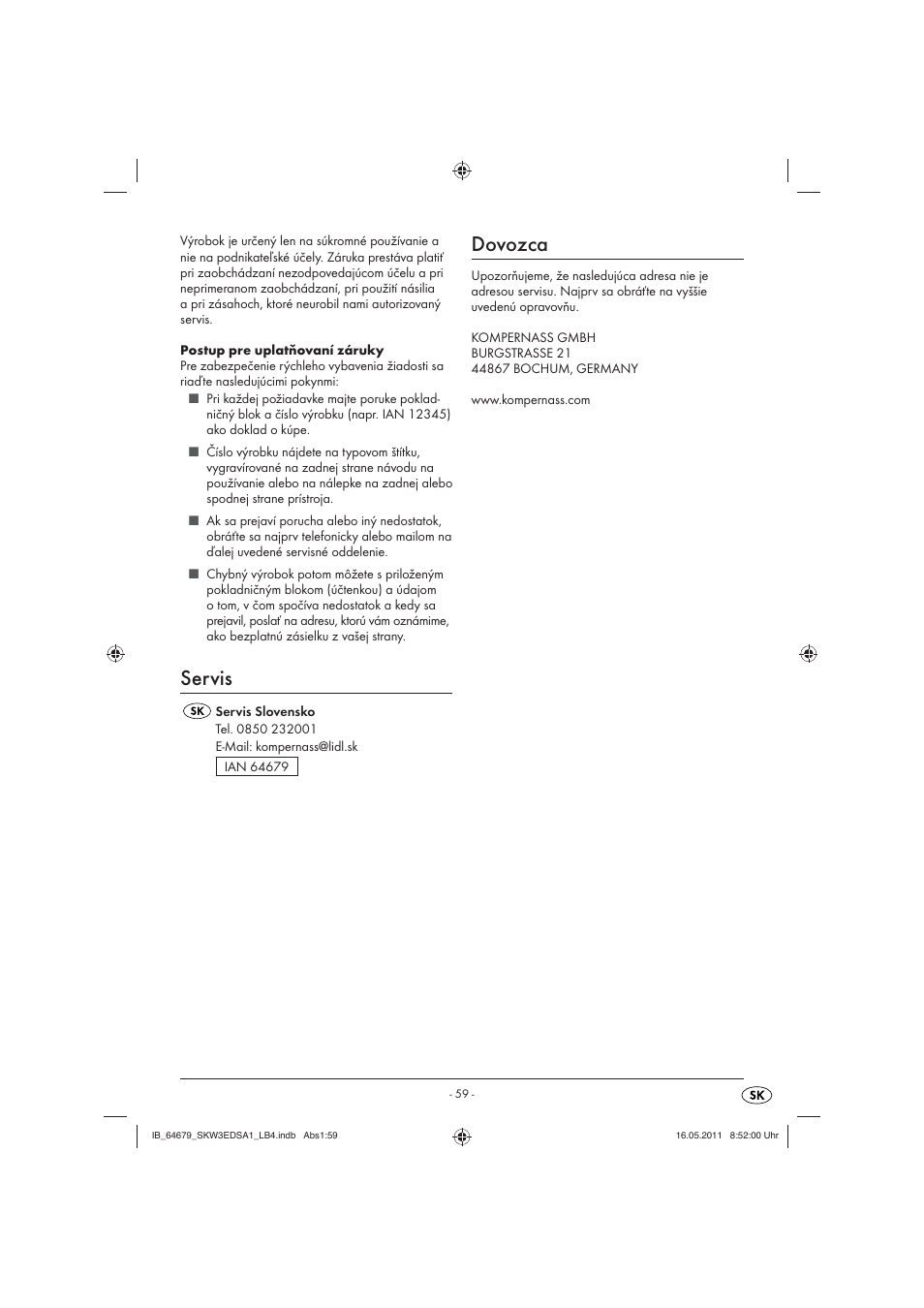 Servis, Dovozca | Silvercrest SKW 3 EDS A1 User Manual | Page 61 / 61