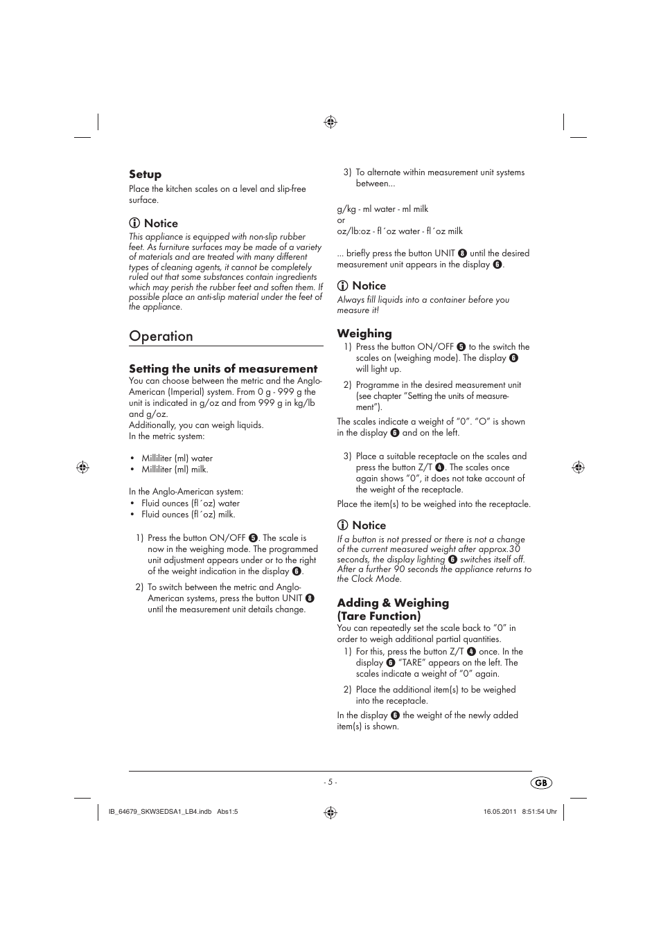 Operation, Setup, Notice | Setting the units of measurement, Weighing, Adding & weighing (tare function) | Silvercrest SKW 3 EDS A1 User Manual | Page 7 / 61