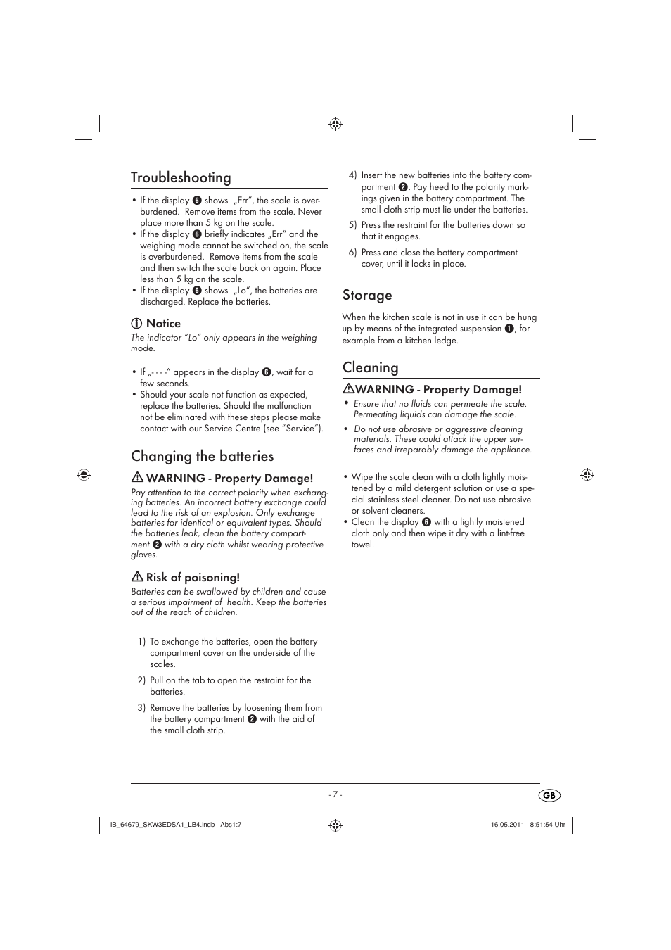 Troubleshooting, Changing the batteries, Storage | Cleaning, Notice, Warning - property damage, Risk of poisoning | Silvercrest SKW 3 EDS A1 User Manual | Page 9 / 61