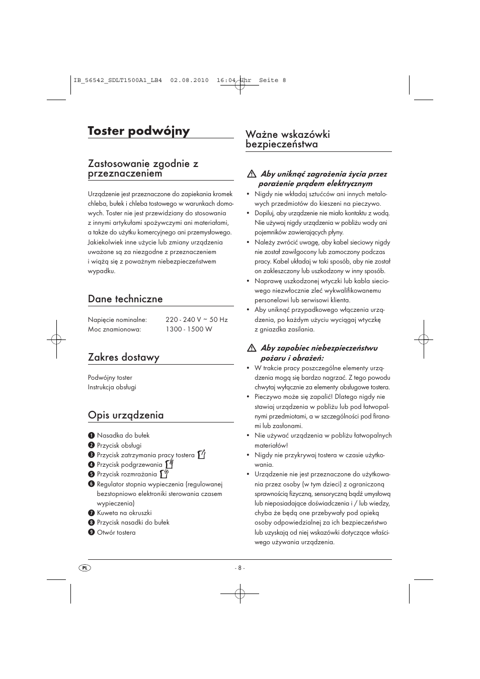 Toster podwójny, Zastosowanie zgodnie z przeznaczeniem, Dane techniczne | Zakres dostawy, Opis urządzenia, Ważne wskazówki bezpieczeństwa | Silvercrest SDLT 1500 A1 User Manual | Page 10 / 44