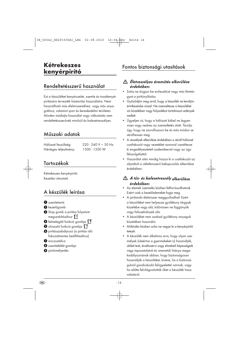Kétrekeszes kenyérpirító, Rendeltetésszerű használat, Műszaki adatok | Tartozékok, A készülék leírása, Fontos biztonsági utasítások | Silvercrest SDLT 1500 A1 User Manual | Page 16 / 44
