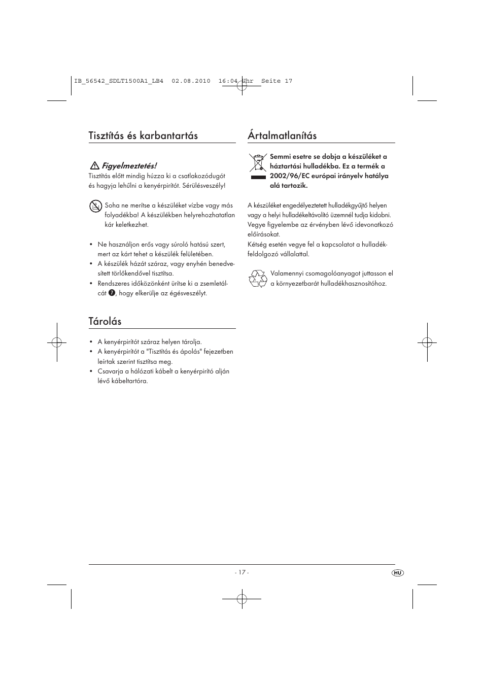 Tisztítás és karbantartás, Tárolás, Ártalmatlanítás | Silvercrest SDLT 1500 A1 User Manual | Page 19 / 44