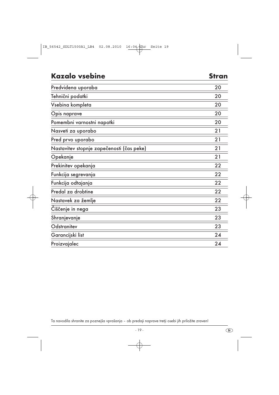 Kazalo vsebine stran | Silvercrest SDLT 1500 A1 User Manual | Page 21 / 44