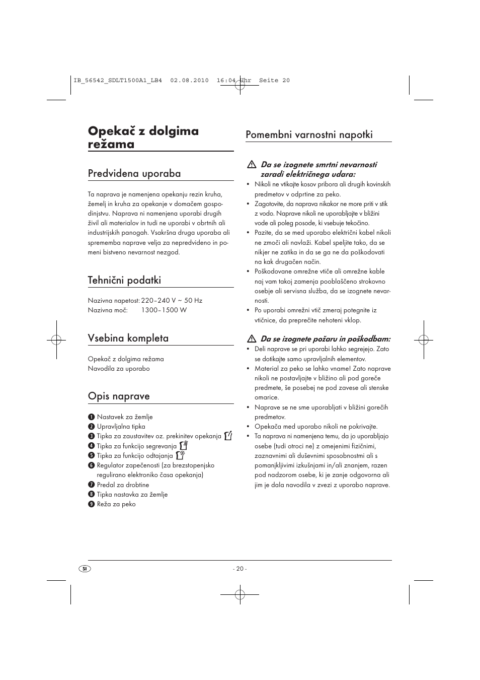Opekač z dolgima režama, Predvidena uporaba, Tehnični podatki | Vsebina kompleta, Opis naprave, Pomembni varnostni napotki | Silvercrest SDLT 1500 A1 User Manual | Page 22 / 44