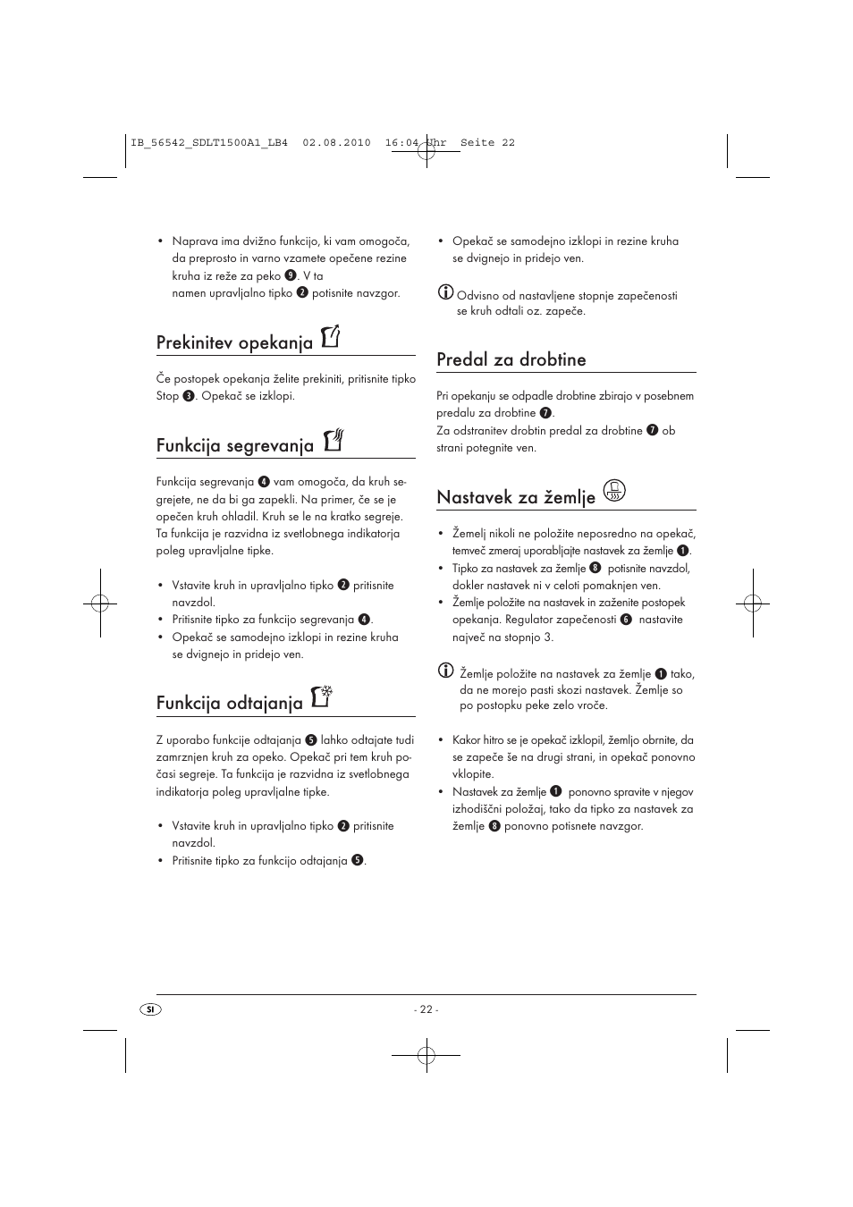Prekinitev opekanja, Funkcija segrevanja, Funkcija odtajanja | Predal za drobtine, Nastavek za žemlje | Silvercrest SDLT 1500 A1 User Manual | Page 24 / 44