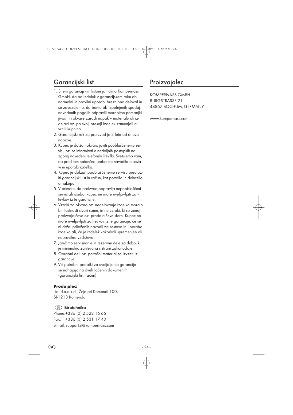 Garancijski list, Proizvajalec | Silvercrest SDLT 1500 A1 User Manual | Page 26 / 44