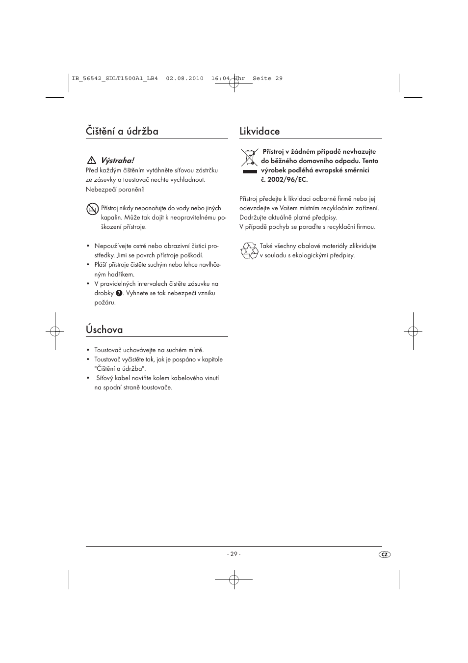 Čištění a údržba, Úschova, Likvidace | Silvercrest SDLT 1500 A1 User Manual | Page 31 / 44