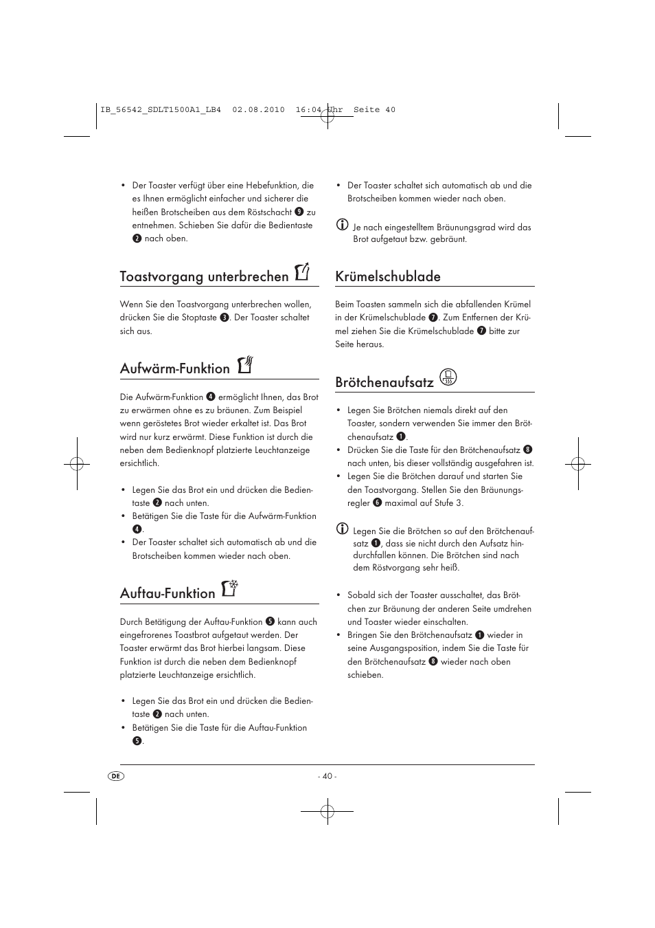 Toastvorgang unterbrechen, Aufwärm-funktion, Auftau-funktion | Krümelschublade, Brötchenaufsatz | Silvercrest SDLT 1500 A1 User Manual | Page 42 / 44