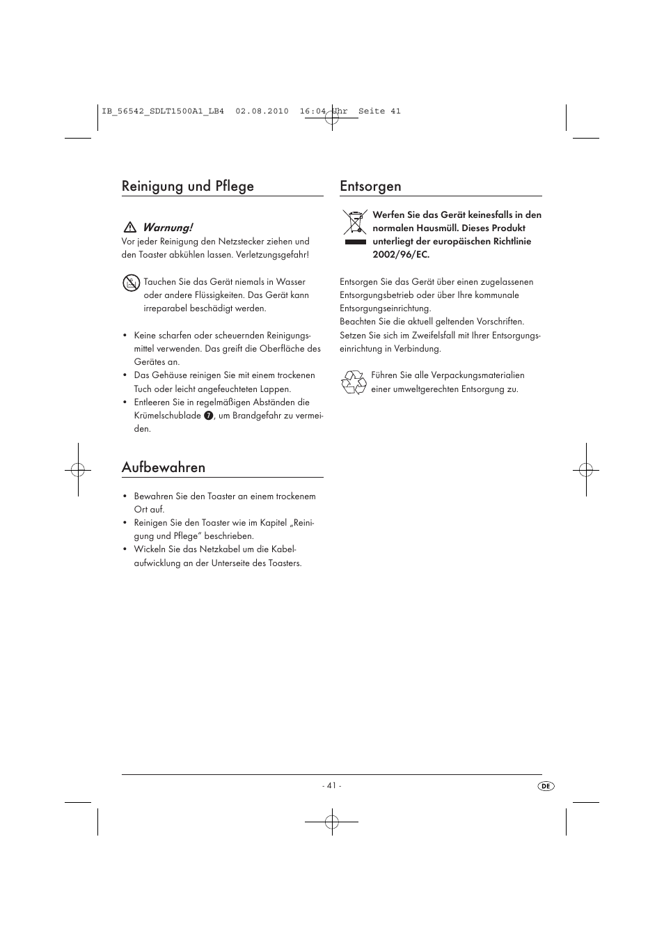 Reinigung und pflege, Aufbewahren, Entsorgen | Warnung | Silvercrest SDLT 1500 A1 User Manual | Page 43 / 44