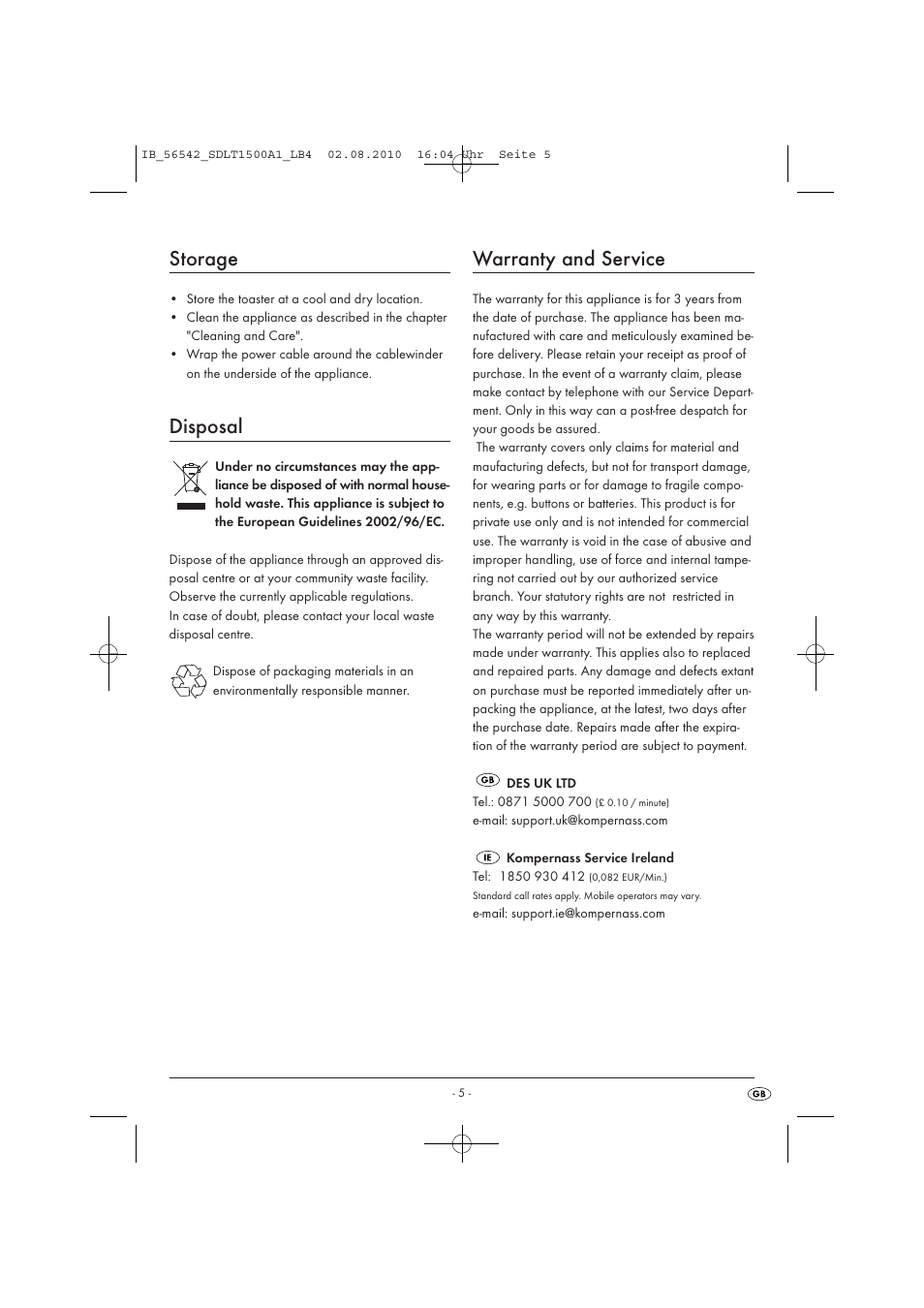 Storage, Disposal, Warranty and service | Silvercrest SDLT 1500 A1 User Manual | Page 7 / 44