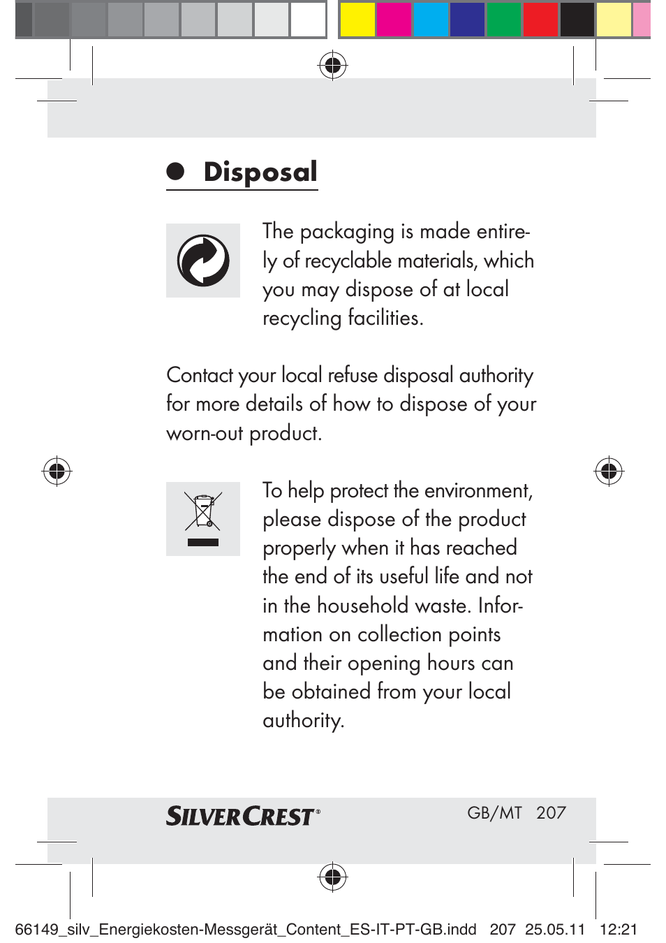 Disposal | Silvercrest Z30412-DK User Manual | Page 205 / 207